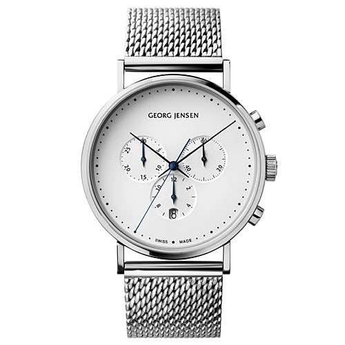 【廃番】Georg Jensen（ジョージ ジェンセン）「 KOPPEL CHRONOGRAPH（コッペル クロノグラフ）」41mm/ホワイト/メッシュ [9963575714]