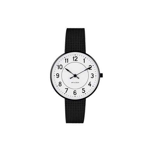 【廃番】ARNE JACOBSEN（アルネヤコブセン）腕時計 STATION ステーション 34mm ホワイト＆ブラック×ブラックメッシュ